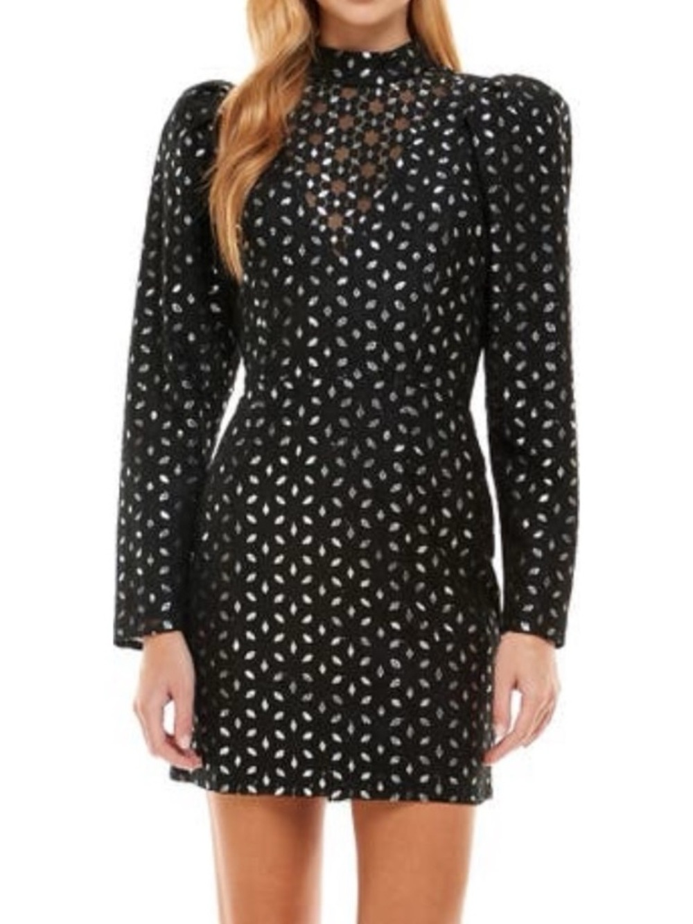 Wayf Black Metallia Lace Puff-Sleeve Mini Dress โค๏ธNWTโค๏ธ